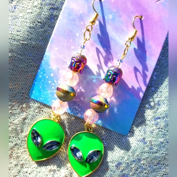 Hand Crafted Jewelry - Alien buddha planet earrings
